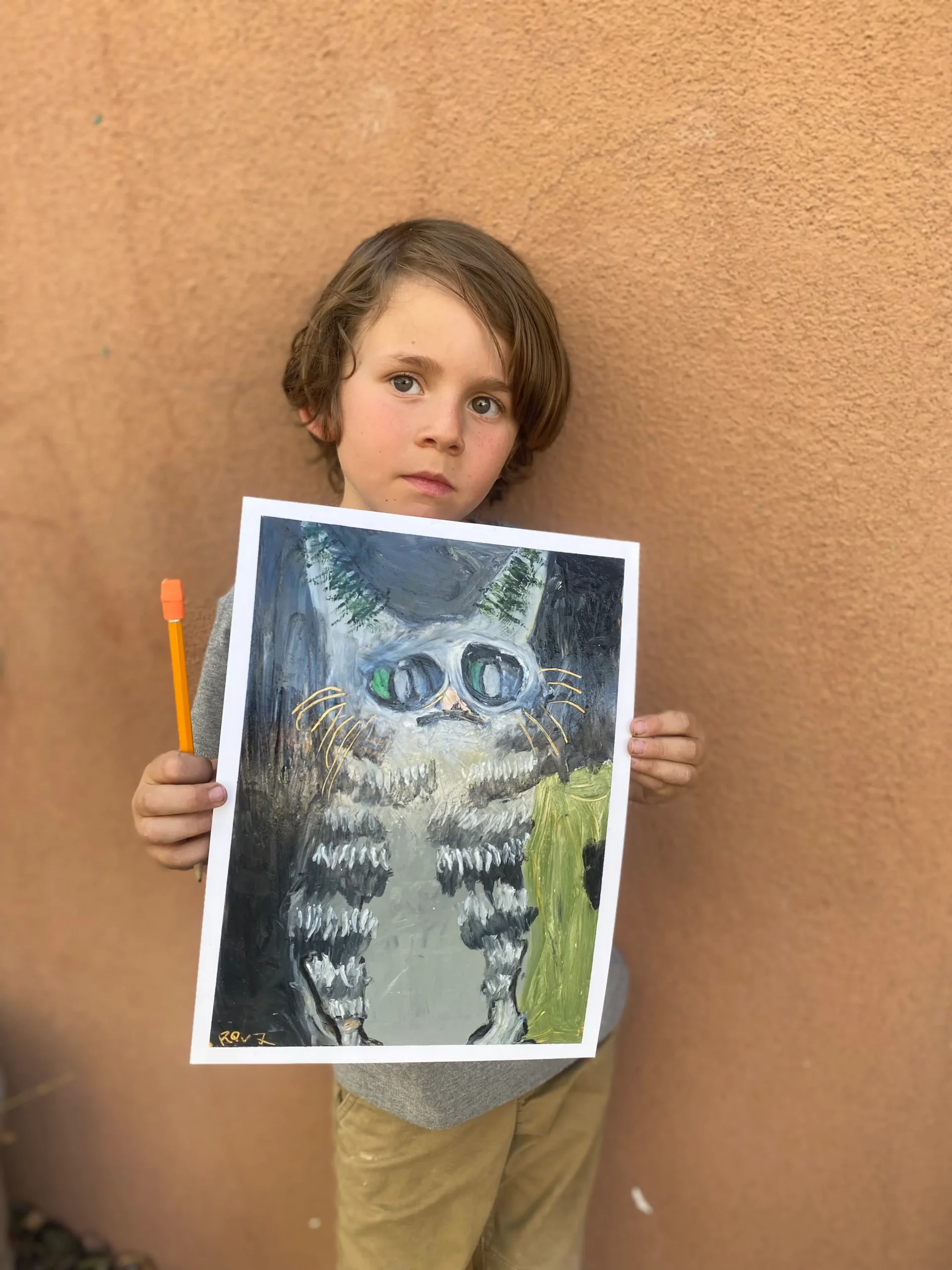 artwork of young boy holding his cat picture