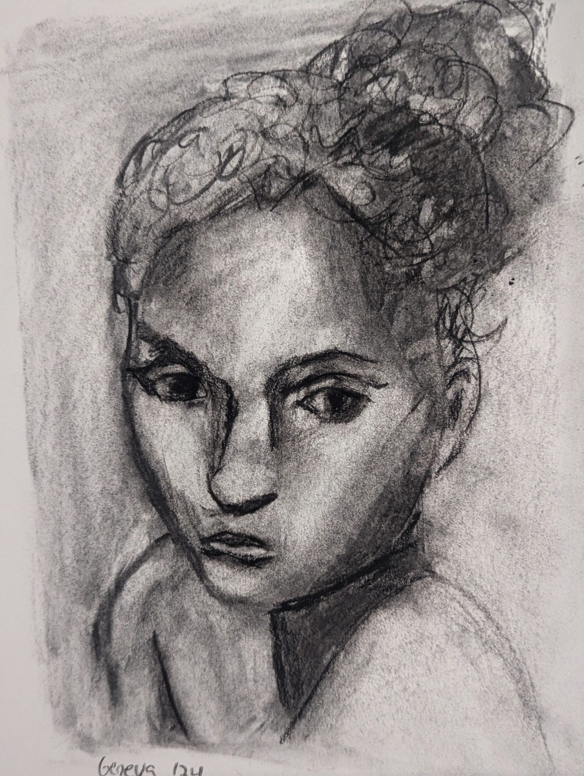 pencil drawing of girl with curly hair