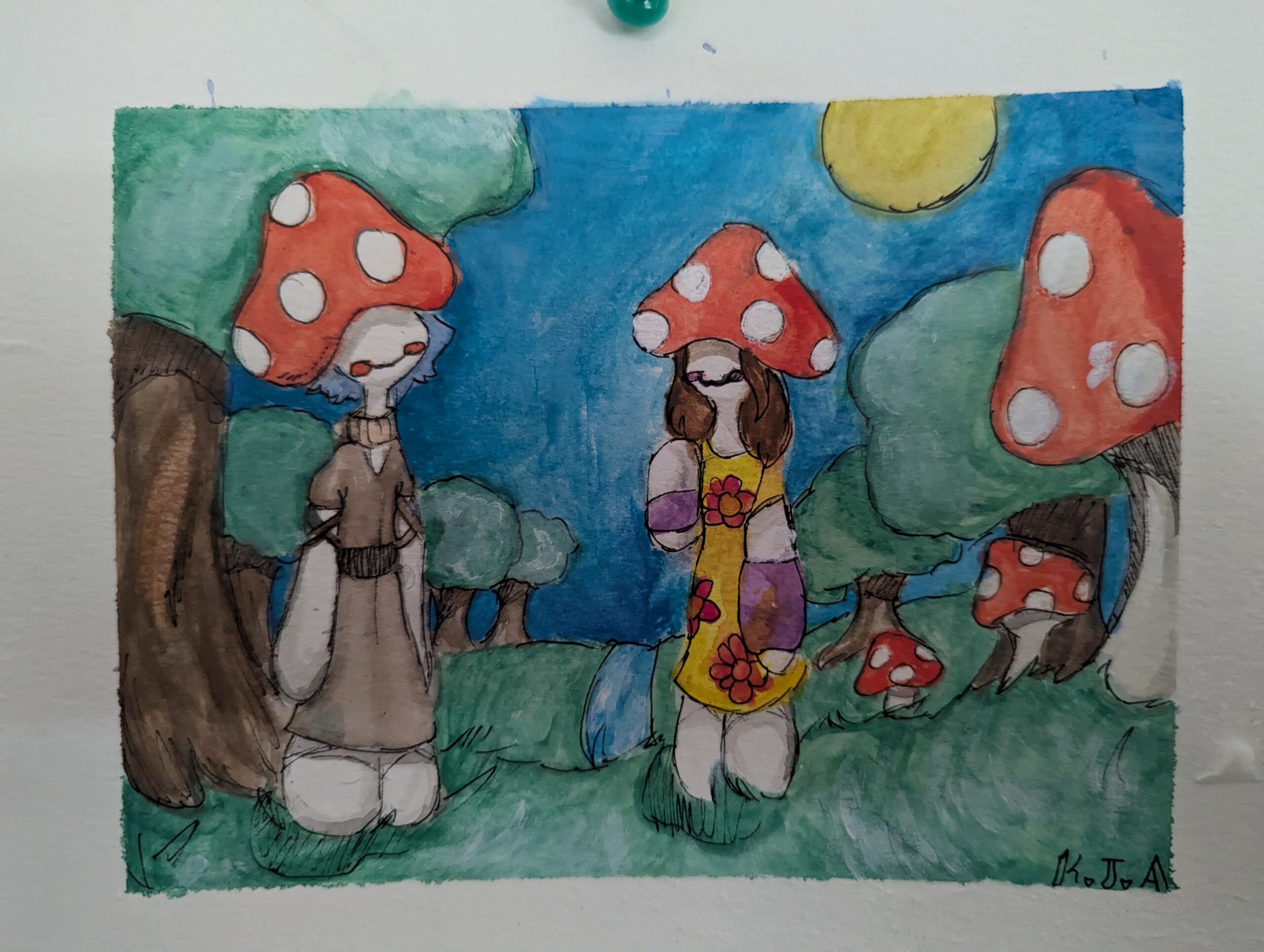 Art of mushroom creatures in the woods