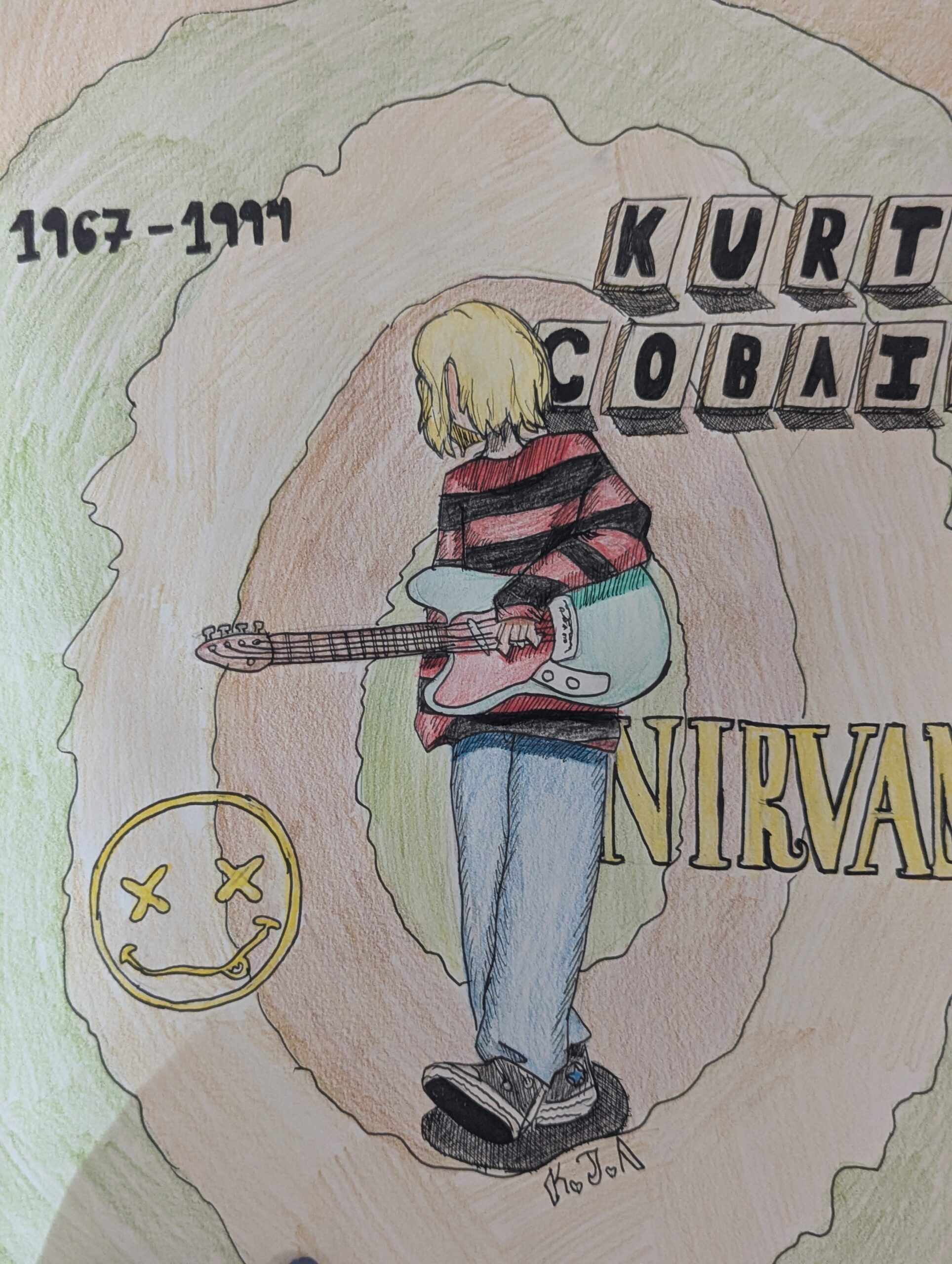 Colored pencil drawing of Kurk Cobain holding a guitar