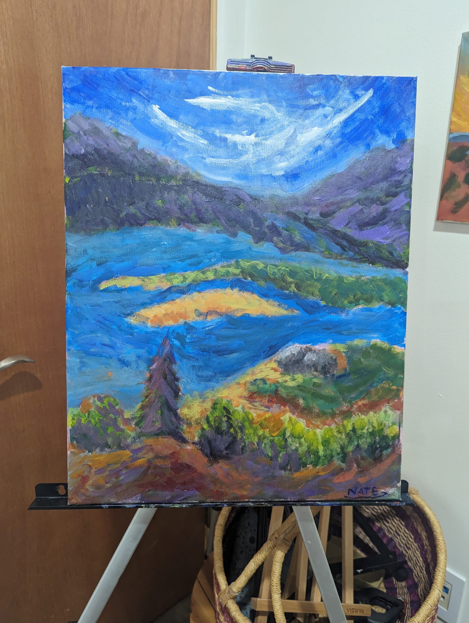 a landscape painting of mountains and a lake