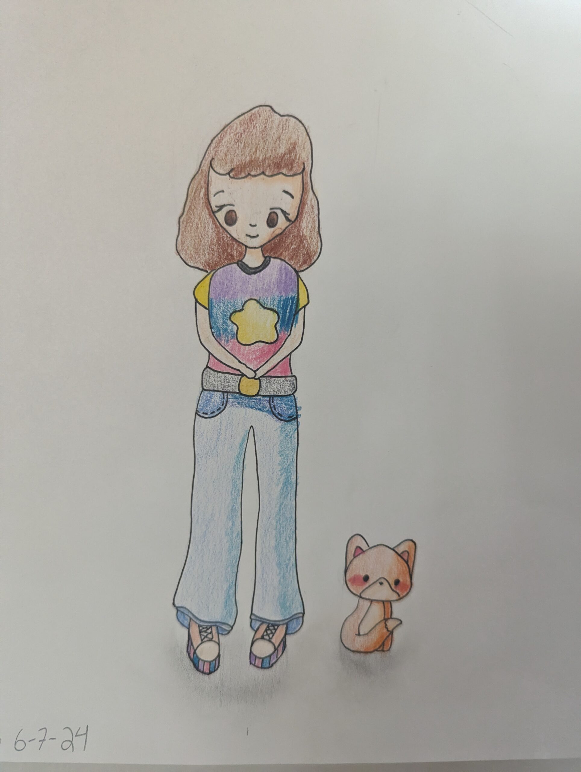 a colored pencil drawing of a girl and her cat