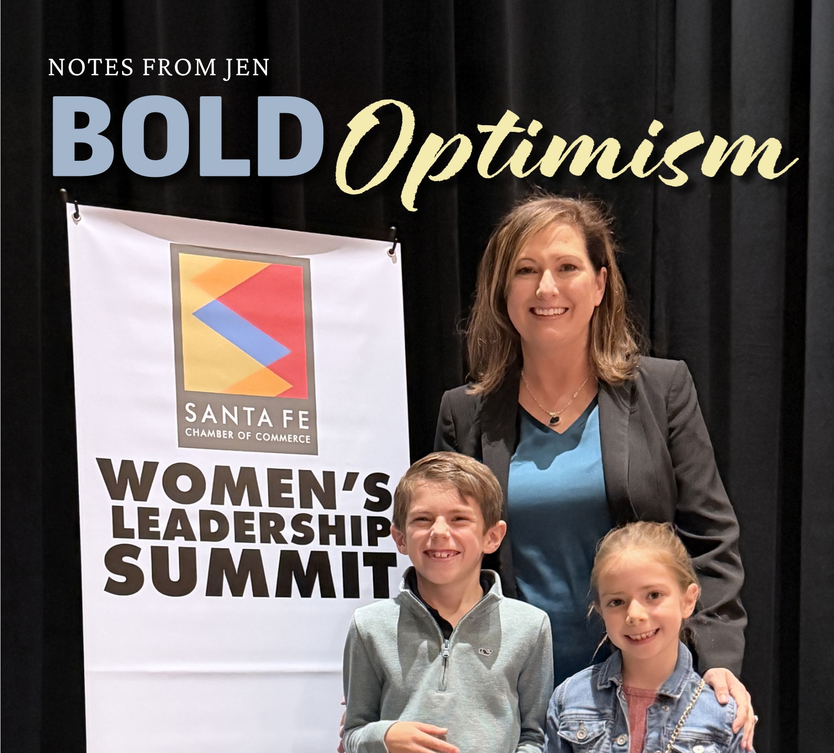 Jen Schroer presenting at the Santa Fe Chamber of Commerce Women’s Leadership Conference, with Ryker and Aviva in attendance to see their mom in action.